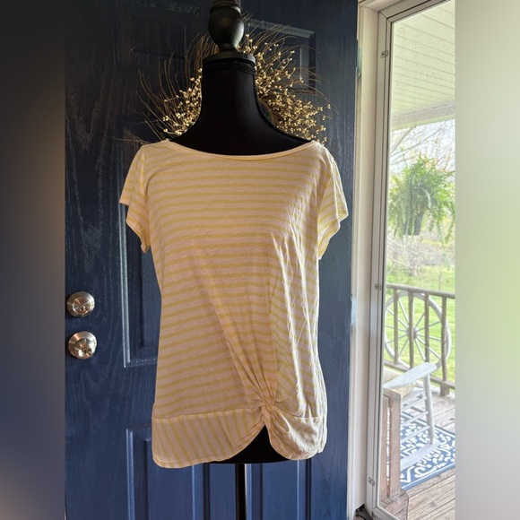 LOFT Yellow and White Relaxed Tie Front T-Shirt - Picture 1 of 14